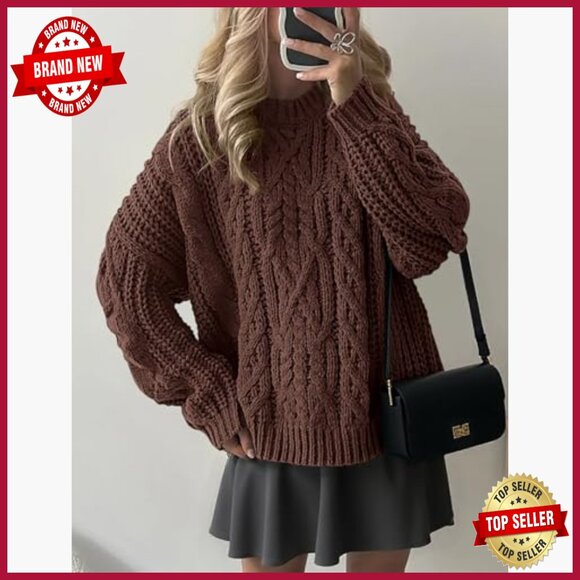 Oversized Cable Knit Pullover Sweater, Chunky Winter Crewneck, Long Sleeve - Picture 2 of 7